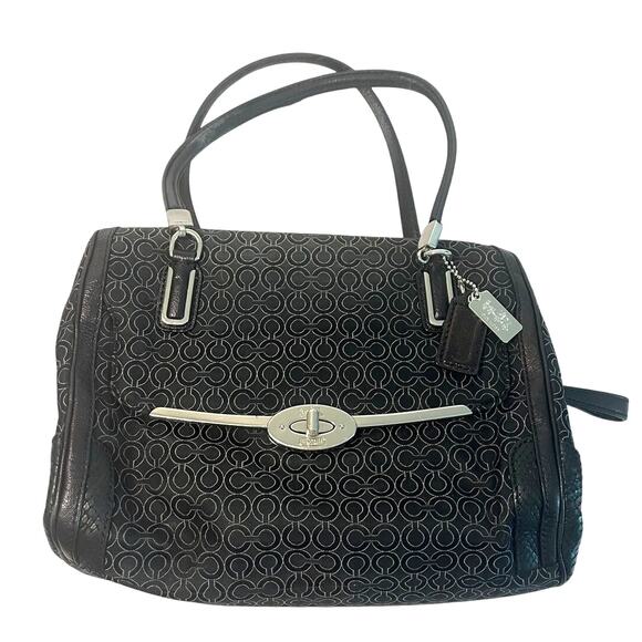 Coach Madeline Needlepoint Op Art Satchel Black Canvas w/Leather Trims - Picture 1 of 10